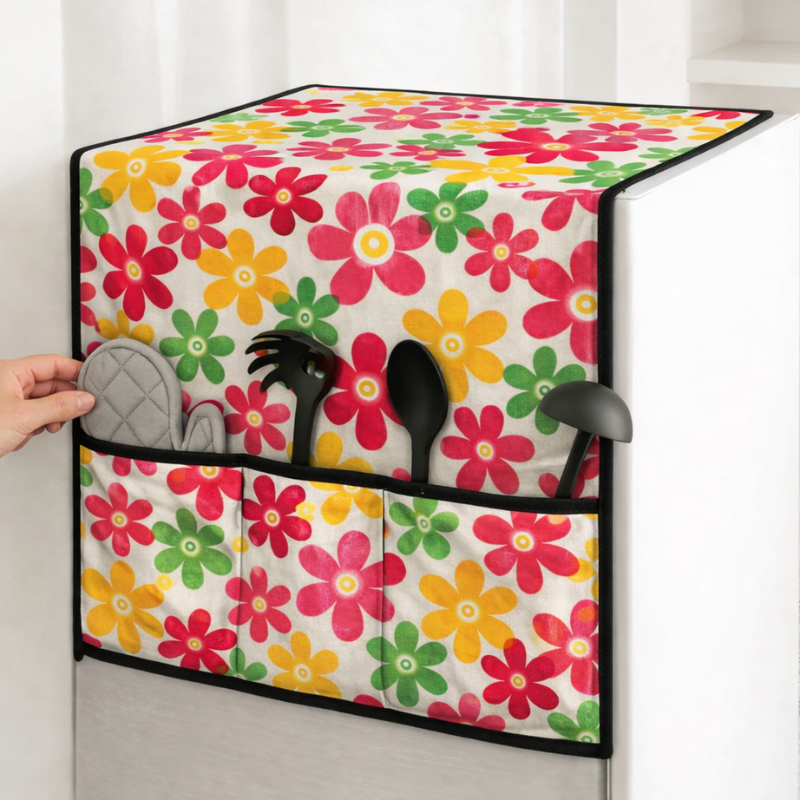 Multipurpose Oven and Fridge Cover Set with Pockets – Dustproof, Heat-Resistant Fabric Covers for Kitchen Appliances (Random Print)