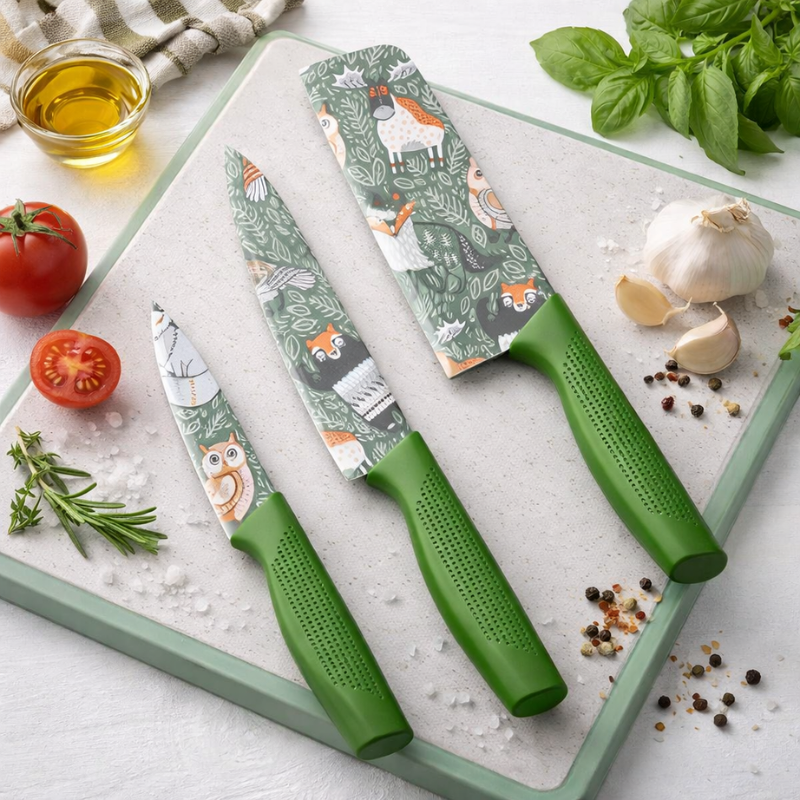 3-Piece Stainless Steel Knife Set with Decorative Blade Prints | Colorful Ergonomic Handle Kitchen Knives (Random Colors)