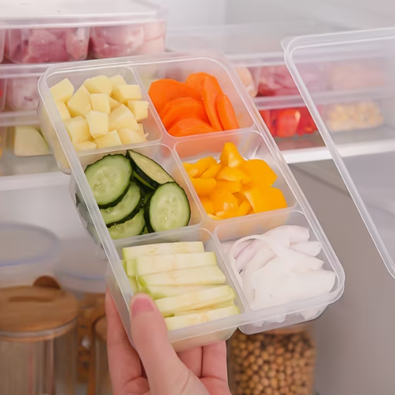 Kitchen Refrigerator Sealed Storage Box – 6 Compartment Plastic Crisper with Lid & Microwave-Safe Lunch Box (Pack of 1)