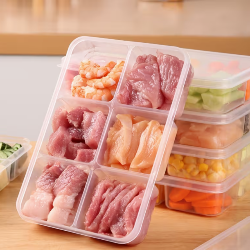 Kitchen Refrigerator Sealed Storage Box – 6 Compartment Plastic Crisper with Lid & Microwave-Safe Lunch Box (Pack of 1)