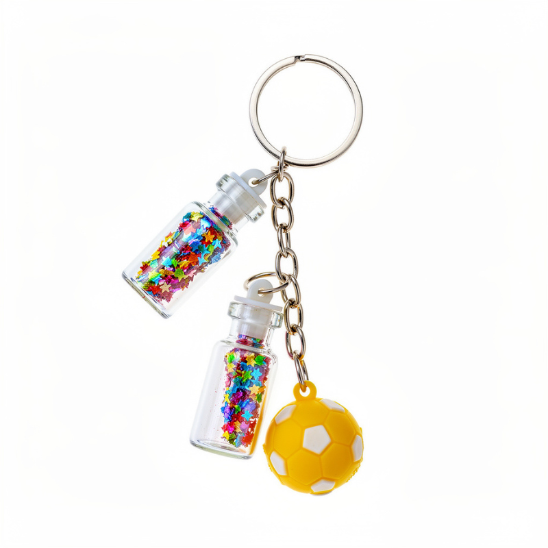 6 Pcs Glitter Bottle & Character Keychain – Mini Star Glitter Bottles with Soccer Ball Charm, Cute Bag & Key Accessories(Random Character)