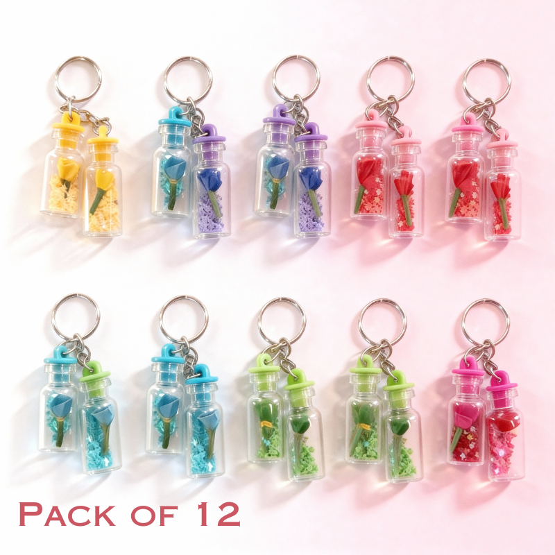 12 Pcs Glass Bottle Keychains with Rose & Glitter – Decorative Mini Bottle Keyring (Random Color)