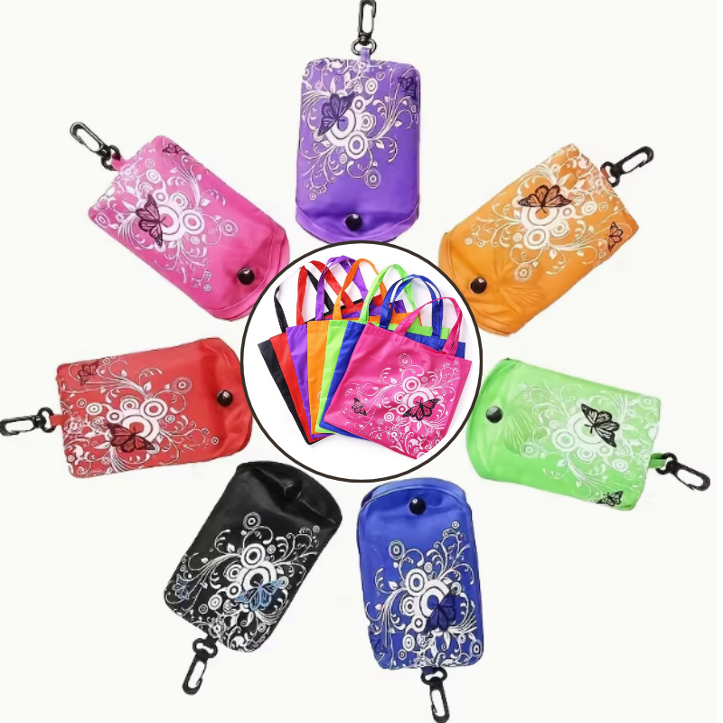 Butterfly Design Folding Shopping Bag with Clip – Reusable Polyester Tote (Random color-Pack of 1 )