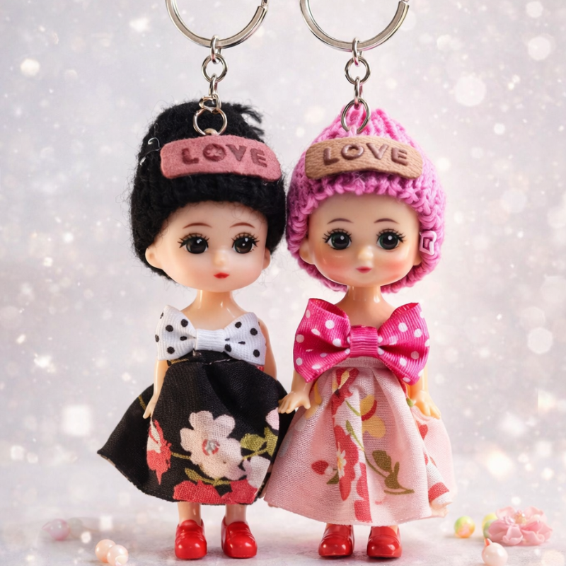 Cute Doll Keychain with Pink Knitted Cap & Dress – Handmade Style Decorative Key Ring (Random Color-Pack of 1)