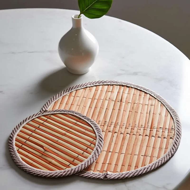 Round Bamboo Table Mat with Rope Border – Heat-Resistant Placemat & Coaster for Dining Table, Kitchen, & Cookware (Set of 3 Sizes-Small,Midium & Large)
