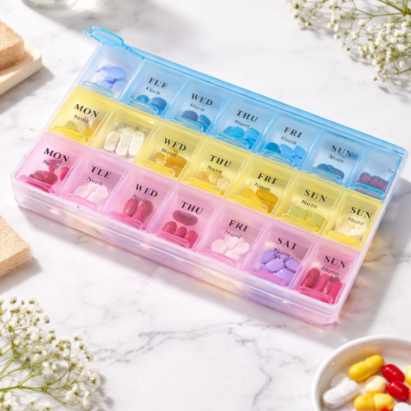 21 Day Medicine Organizer Pill Box – Compact Multi-Compartment Pill & Vitamin Storage with Reminder Function