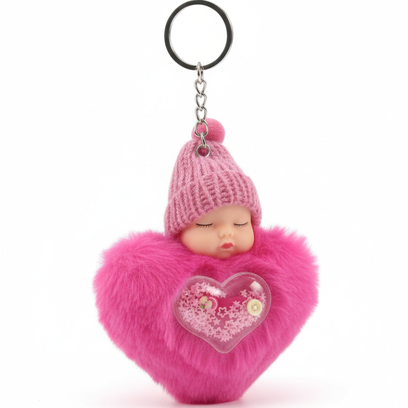 Fluffy Sleeping Baby Doll Keychain – Cute Plush Baby Keyring, Soft Bag & Backpack Charm (Random color-Pack of 1)