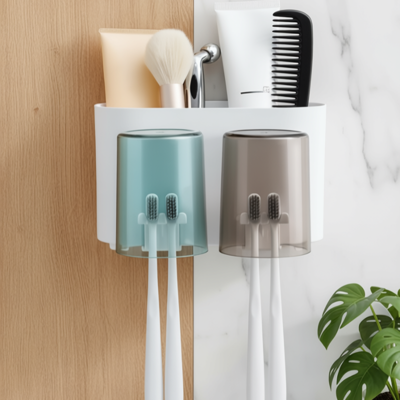 Wall Mounted Toothbrush Holder for Bathroom | Tooth Brush & Toothpaste Holder with 2 Cups