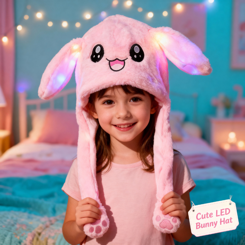 Unisex Plush Rabbit Hat with Moving Ears & LED Light – Cute Jumping Bunny TikTok Cap for Kids & Adults (Pink)