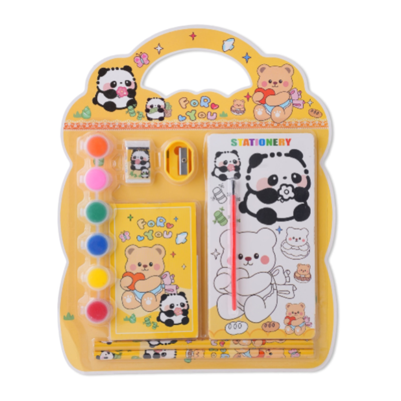 Animal Design Painting & Stationery Kit Set – Colouring Book, Water Paints, Pencil, Eraser & Sharpener for Kids (Random Design-Pack of 1)