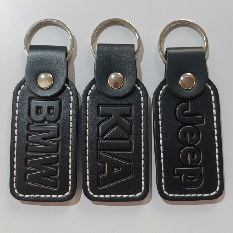 Premium Black Leather Keychain – BMW / KIA / Jeep Embossed logos with metallic key rings and snap closures (Random color-Pack of 1)