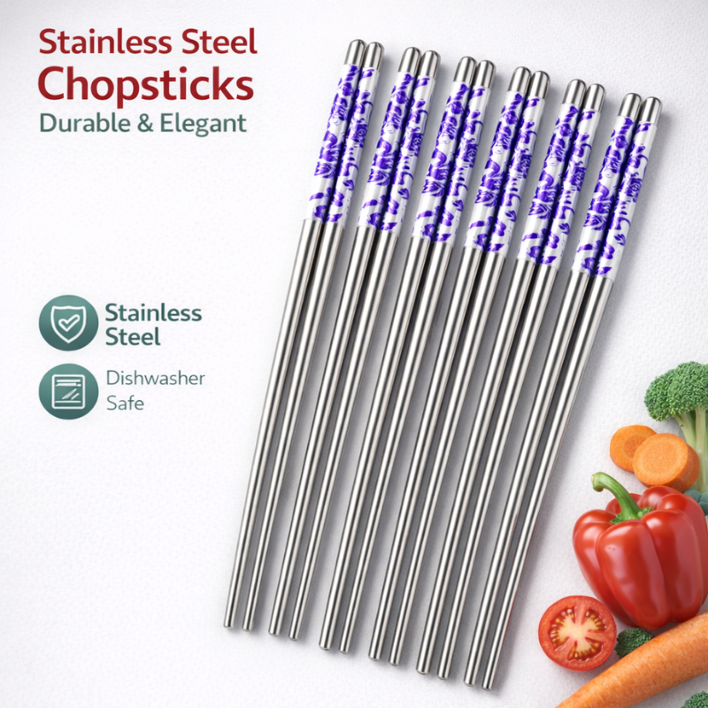 Stainless Steel Chopsticks Set – Durable, Non-Slip, Rustproof & Reusable Dining Utensils (Set of 5 Pair)