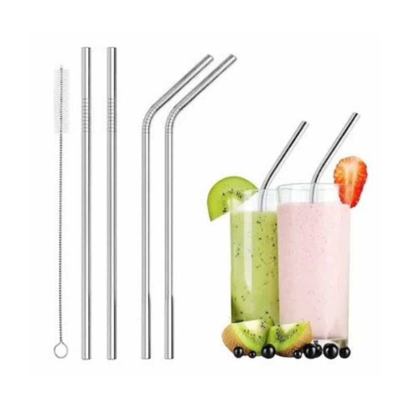 4 Pcs Stainless Steel Straw Set with Cleaning Brush – Reusable, Eco-Friendly Metal Drinking Straws for Home, Office, Travel & Parties