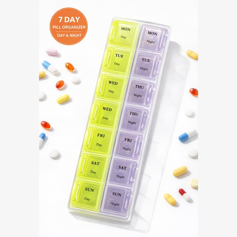 Pill Storage Box with Snap Lids – 7 Days Medicine Organizer (Morning & Night) – Durable Plastic Pill Case