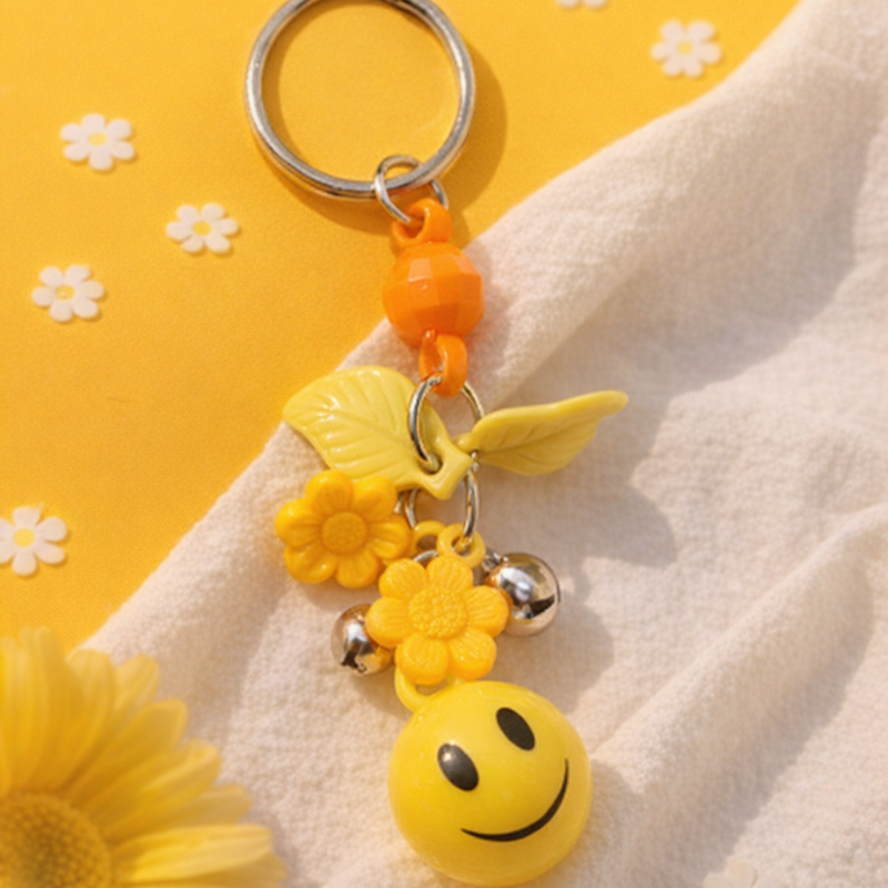 12 Pcs Smiley Face Keychain with Charms & Bells – Cute Emoji Key Ring for Bags, Keys & Gifts