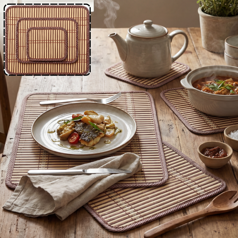Natural Bamboo Placemats & Coasters Set – Eco-Friendly Dining Table Mats with Brown Striped Design & Fabric Border(Pack of 3 sizes-Small,Medium & Large)