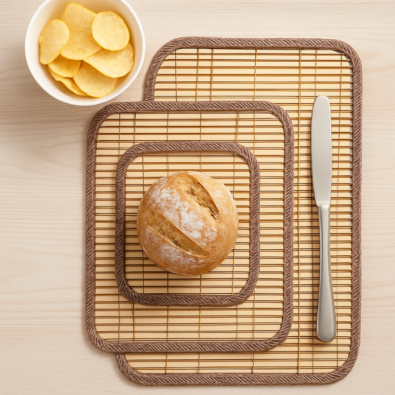 Natural Bamboo Placemats & Coasters Set – Eco-Friendly Dining Table Mats with Brown Striped Design & Fabric Border(Pack of 3 sizes-Small,Medium & Large)
