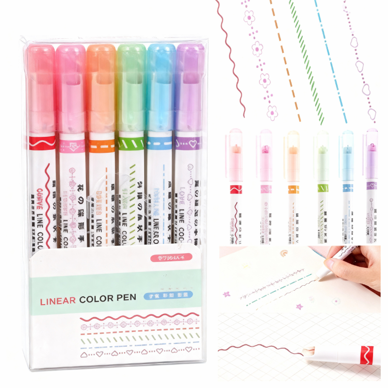 Set of 6 Maxzope Linear Roller Curve Highlighter Pens – Smooth Rolling Highlighters for Study, Office & Art