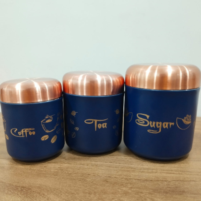 Copper Finish Blue Stainless Steel Storage Canister – Airtight Kitchen Container for Tea, Coffee, Sugar & Spices