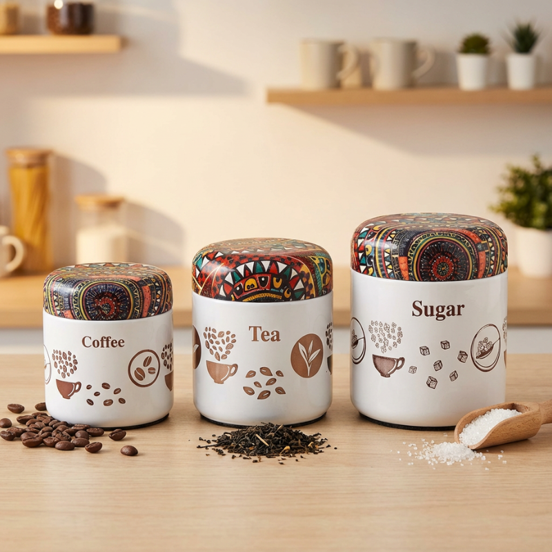 3 Pcs Printed Tea, Coffee & Sugar Canister Set – Kitchen Storage Jars with Lids