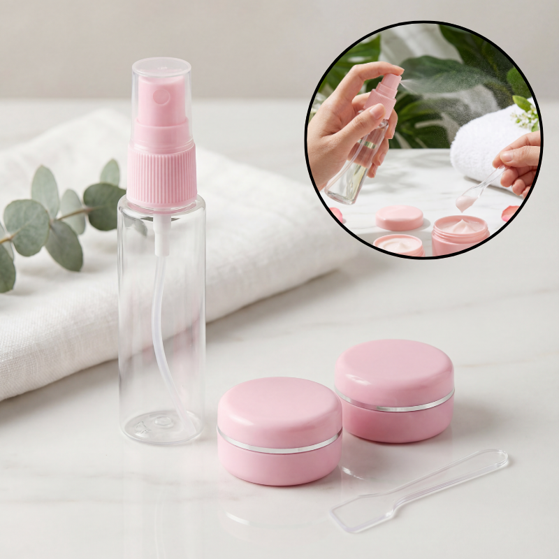 Refillable Travel Cosmetic Bottle Set – Portable Spray Bottle, Cream Jars & Spatula for Toiletries, Makeup & Liquid Storage(4Pcs Set)