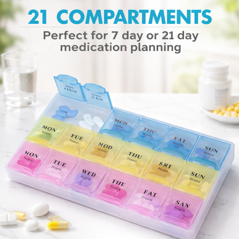 21 Day Medicine Organizer Pill Box – Compact Multi-Compartment Pill & Vitamin Storage with Reminder Function