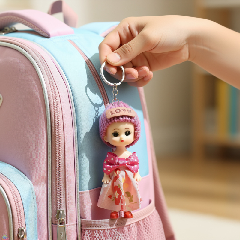 Cute Doll Keychain with Pink Knitted Cap & Dress – Handmade Style Decorative Key Ring (Random Color-Pack of 1)
