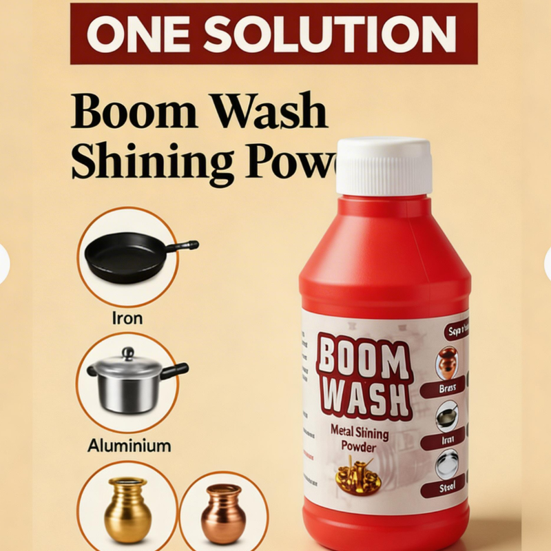 Boom Wash Metal Shining Powder (200gm)– Multi-Metal Cleaner for Copper, Brass, Steel, Silver, Aluminium & Iron