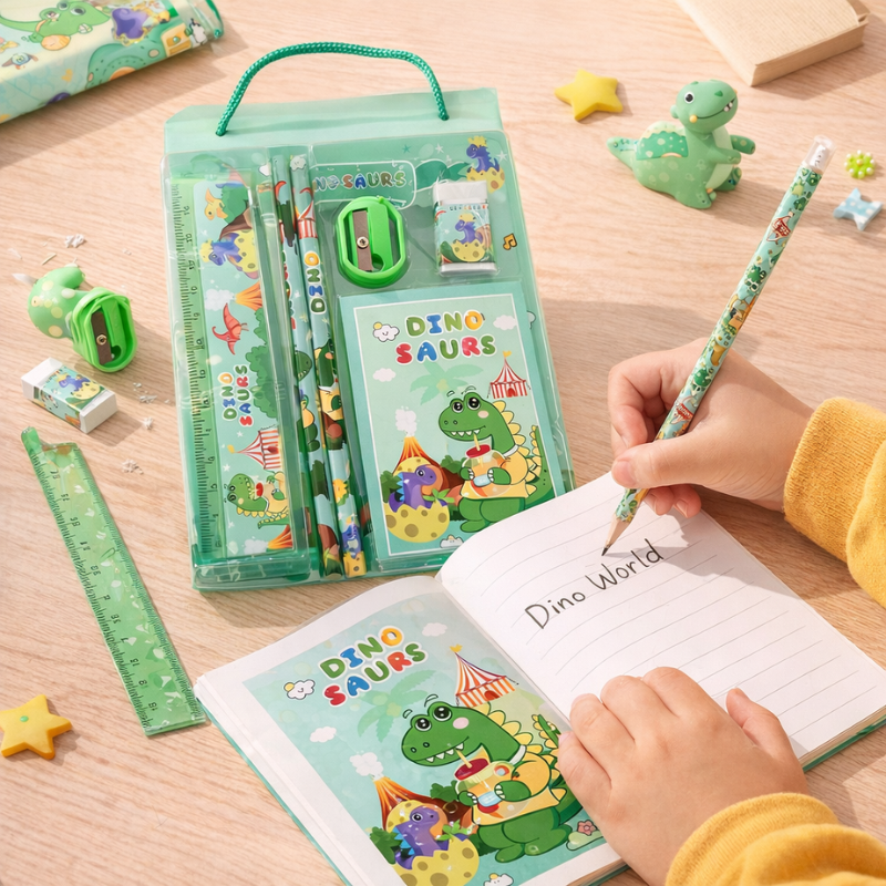 Dinosaur-Themed Children’s Stationery Set – Pencils, Eraser, Ruler, Sharpener & Mini Notebook (Random Theme-5-Piece Set)