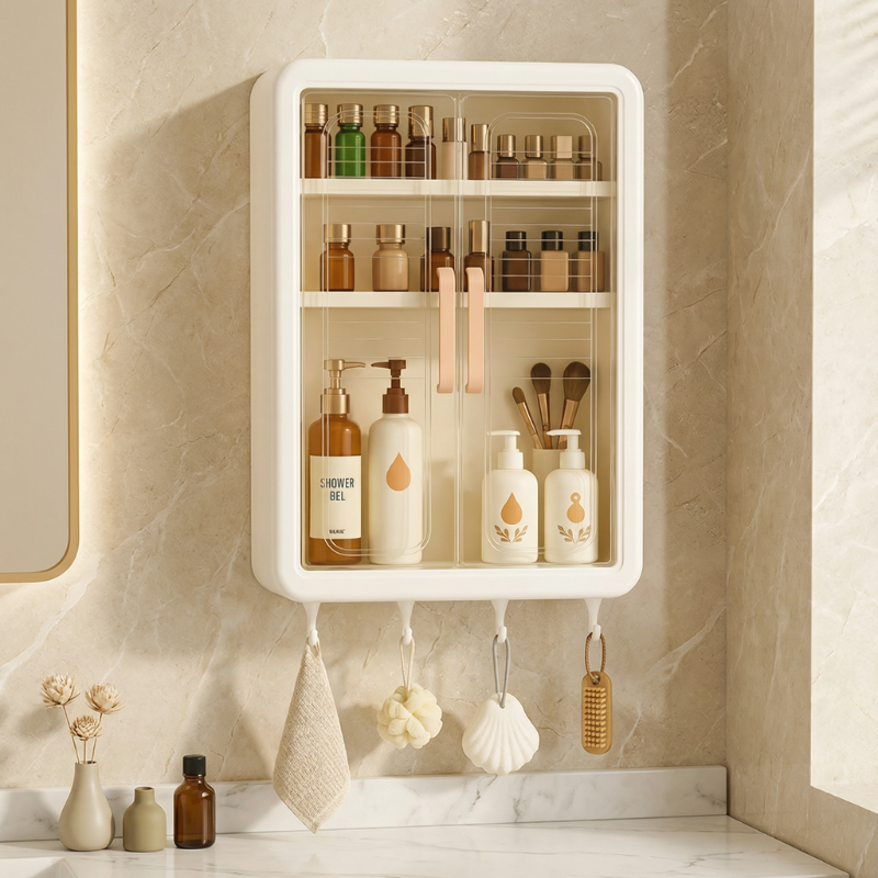 Wall Mounted Plastic Storage Cabinet with Transparent Doors & Hooks | Multipurpose Bathroom, Kitchen & Bedroom Organizer