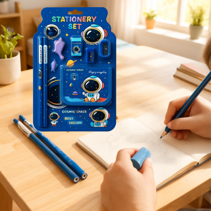 Kids Stationery Set with Wallet – 3 Pencils, Sharpener, Eraser, Pencil Gripper & Scale (Random Theme-8-Piece Set)