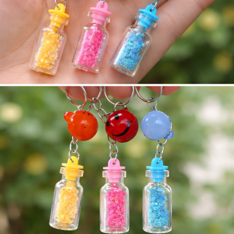 12 Pcs Cute Cartoon Star Bottle Keychain – Mini Decorative Bottle Charm Key Rings