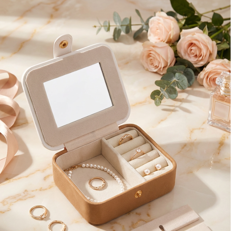 Portable Mini Travel Jewelry Box with Mirror – Compact Jewelry Organizer for Rings, Earrings & Accessories (Random color-Pack of 1)