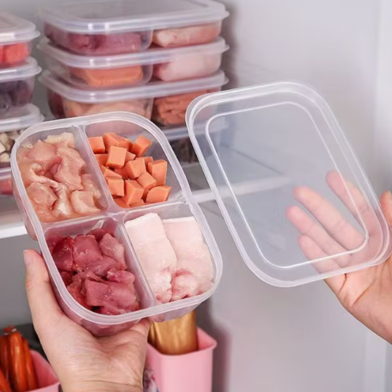 4 Compartment Food-Grade Refrigerator Storage Container – Multi-Compartment Fresh-Keeping Freezer Organizer Box (Pack of 1)
