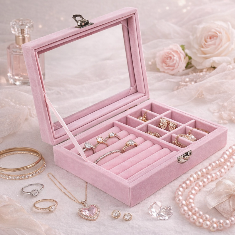 Velvet Jewelry Organizer with Clear Lid – Elegant Storage Box for Rings, Earrings & Accessories(Random Color)