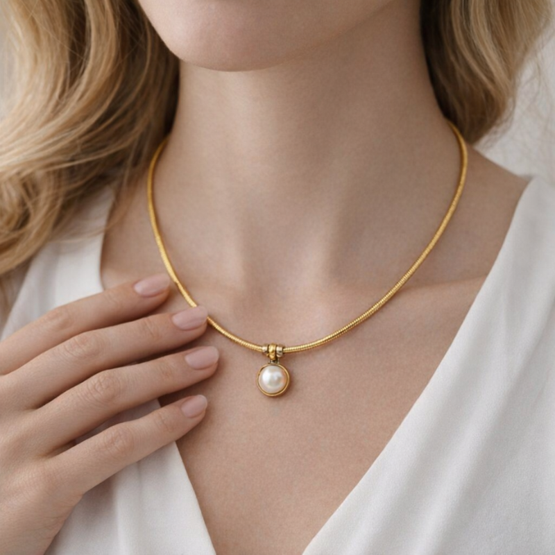 Retro Pearl Slider Anti-Tarnish 18K Gold Plated Necklace – Elegant Pearl Necklace for Women & Girls