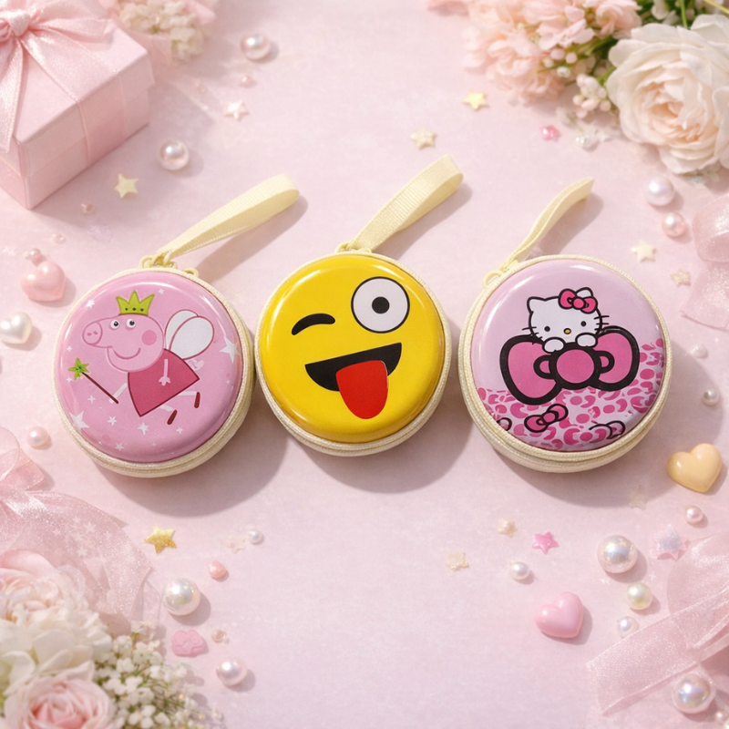 Small Round Cartoon Coin Pouch & Earphone Case – Cute Emoji & Popular Character Mini Zipper Pouch for Kids & Teen(Random Design-Pack of 1)