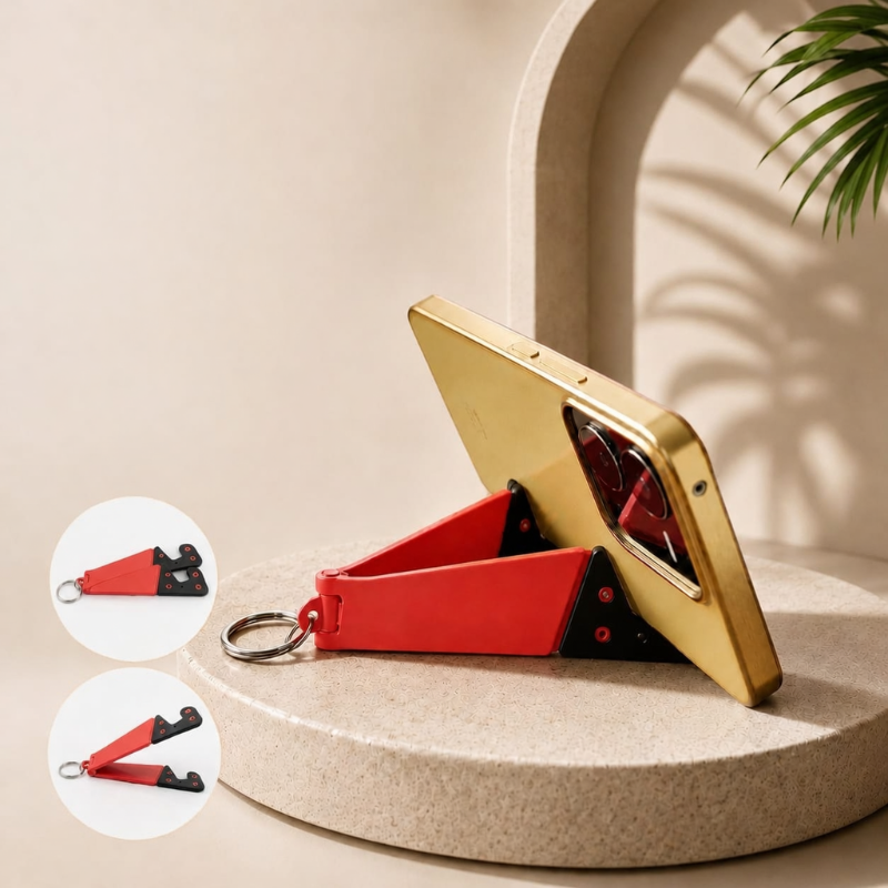 V-Shape Universal Foldable Mobile Holder with Keyring– Compact Phone Stand for Desk, Travel & Hands-Free Viewing (Random color-Pack of 1)