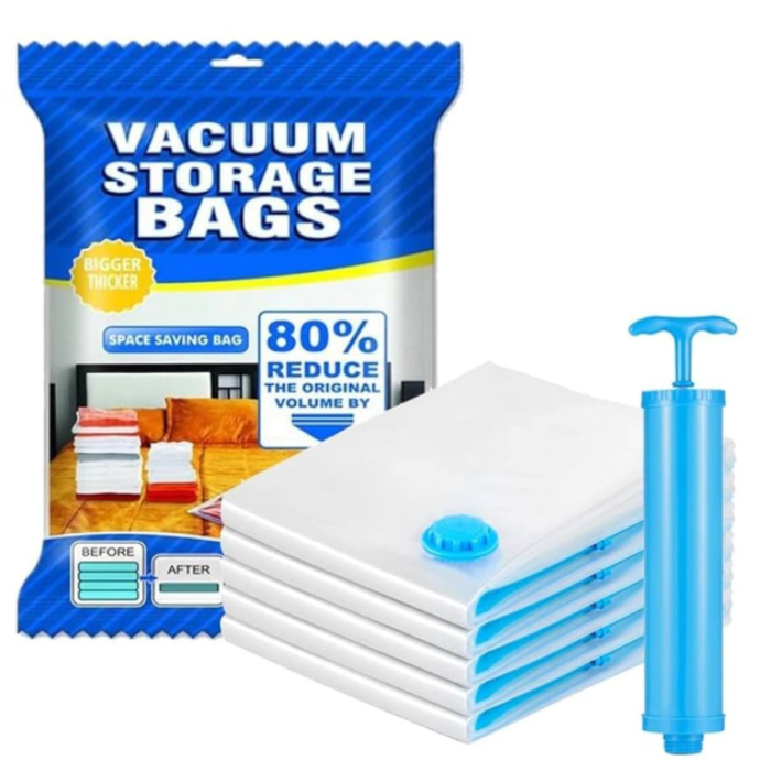 Vacuum Storage Bags – Set of 5 (2 Small, 2 Medium, 1 Large) with Pump, Air-Tight Compression Bags for Clothes & Travel
