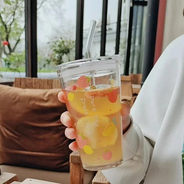 450ml Printed Glass Tumbler with Straw – Stylish Reusable Drinking Glass Cup for Juice, Coffee, Smoothies & Beverages (Pack of 1)