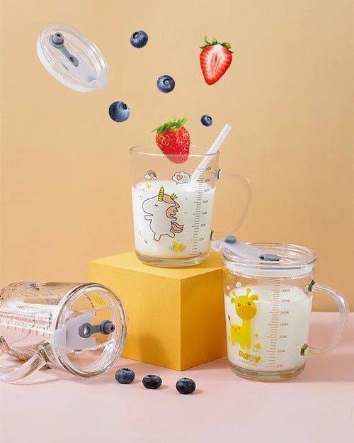 Cartoon Printed Glass Sipper Mug With Silicone Straw