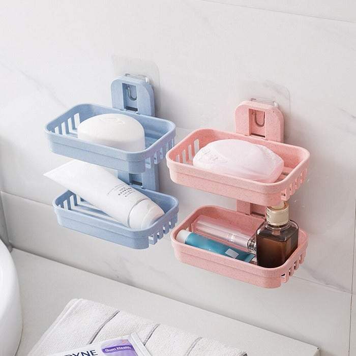 Double Layer Soap Dish Tray With Sticker (Random Color)