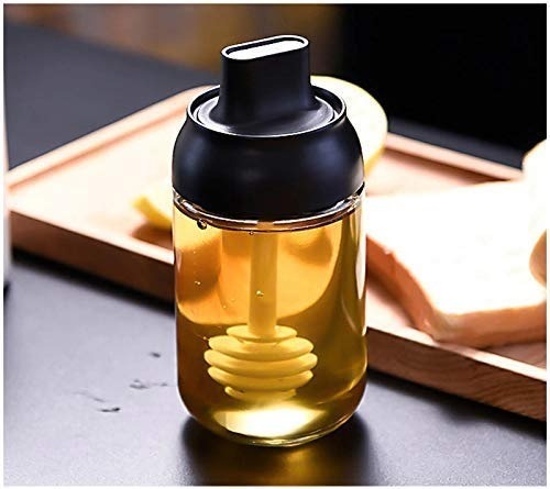 Honey Seasoning Bottle 250 Ml (Random Color), honey storage glass container with dipper spoon for home,small honey jar bottle for kitchen (pack of 1)