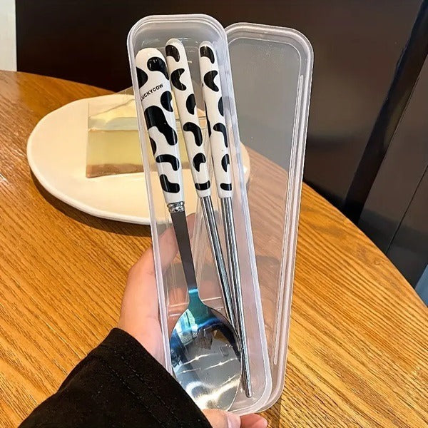 Premium Cow Print Tableware Set | Stainless Steel Spoon, Fork & Chopstick Set with Portable Case (Pack of 1 Set)