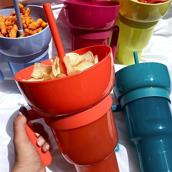 2-in-1 Snack Bowl & Drink Cup with Straw – Portable Stadium Tumbler for Snacks & Drinks, Travel & Home Use (Random color-Pack of 1)