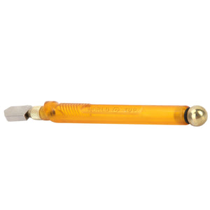 A WORLD-TOP brand glass cutter with an amber handle, diamond tip, and brass end ball.diamond cutter, glass cutter, WORLD-TOP, hand tool.