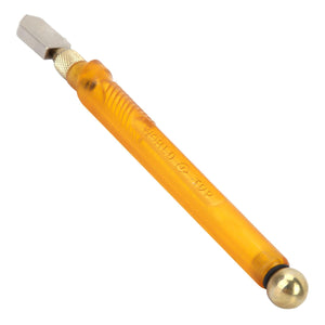 A WORLD-TOP glass cutter with an amber handle, metal tip, and brass tapping ball.glass cutter, WORLD-TOP, cutting tool, hand tool.