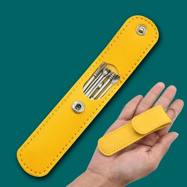 6 Pcs Stainless Steel Ear Cleaning Tools with Leather Cover – Reusable Earwax Removal Kit for Safe & Hygienic Ear Care (Random Colour)