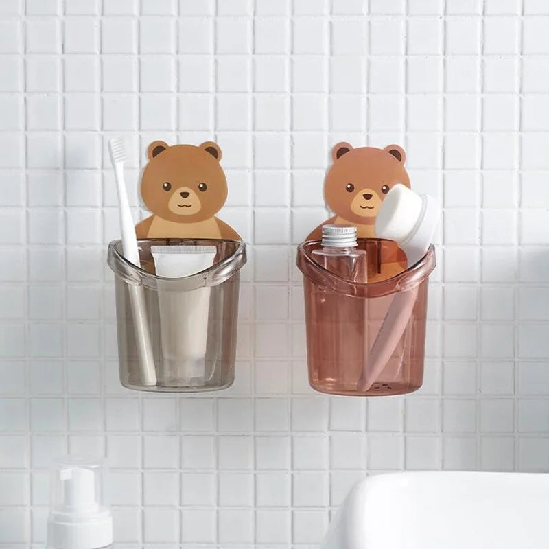 Cartoon Bear Self-Adhesive Toothbrush Holder – Wall Mounted Bathroom Organizer for Kids & Family (Pack of 1)