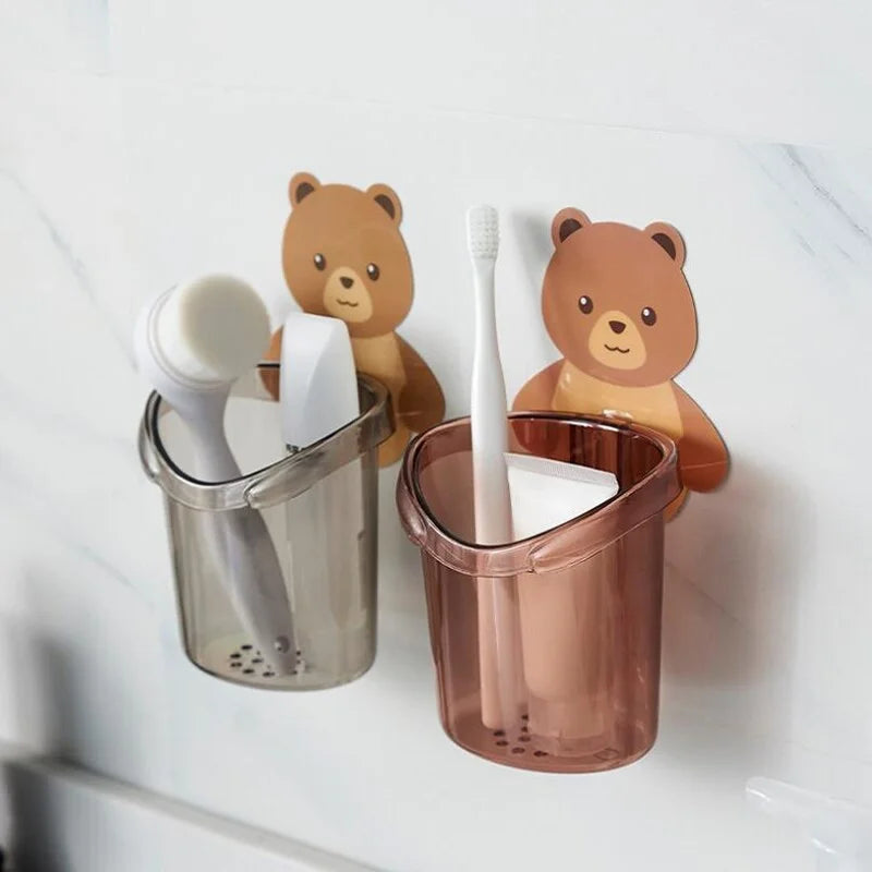Cartoon Bear Self-Adhesive Toothbrush Holder – Wall Mounted Bathroom Organizer for Kids & Family (Pack of 1)